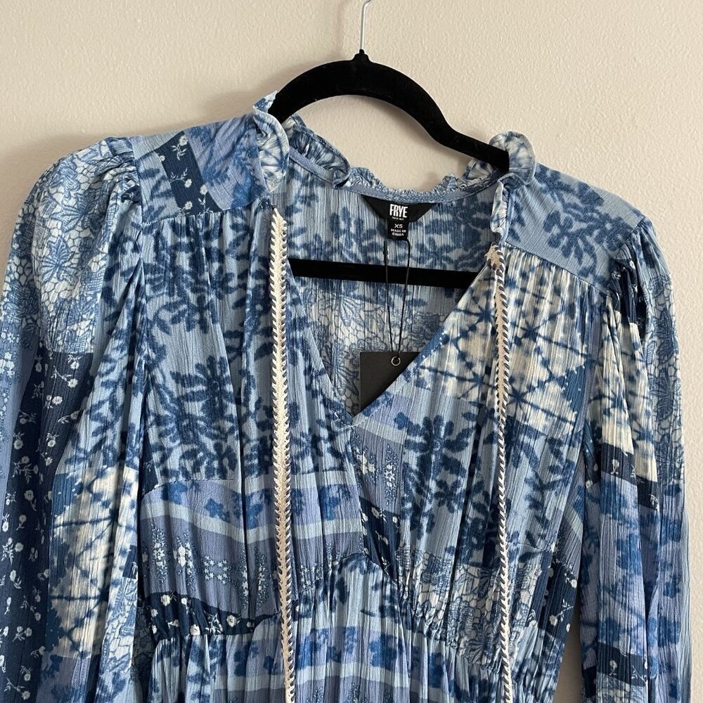 Frye Women XS Blue Chambray Patchwork Boho Western Long Sleeve Midi Dress NWT - Picture 6 of 15